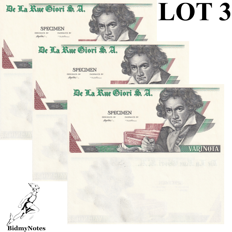 De la Rue Giori S.A Beethoven Varinota Single Sided Specimen LOT 3 pcs