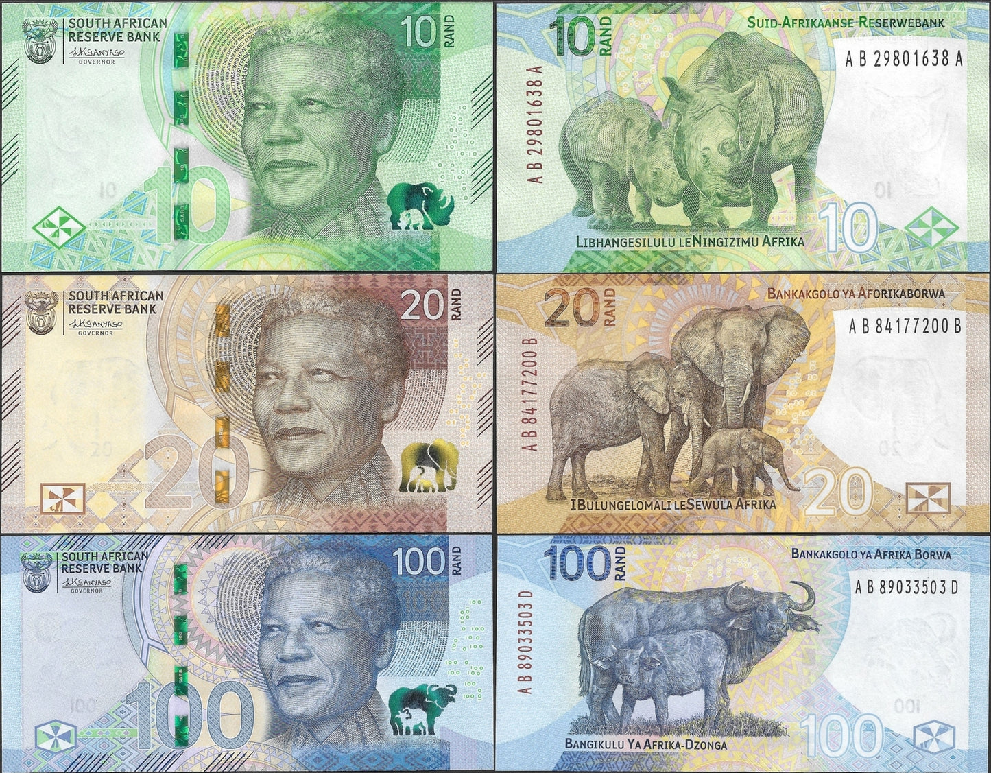 South Africa 10 20 100 Rand 2023 P 148 149 151 UNC Set 3 pcs