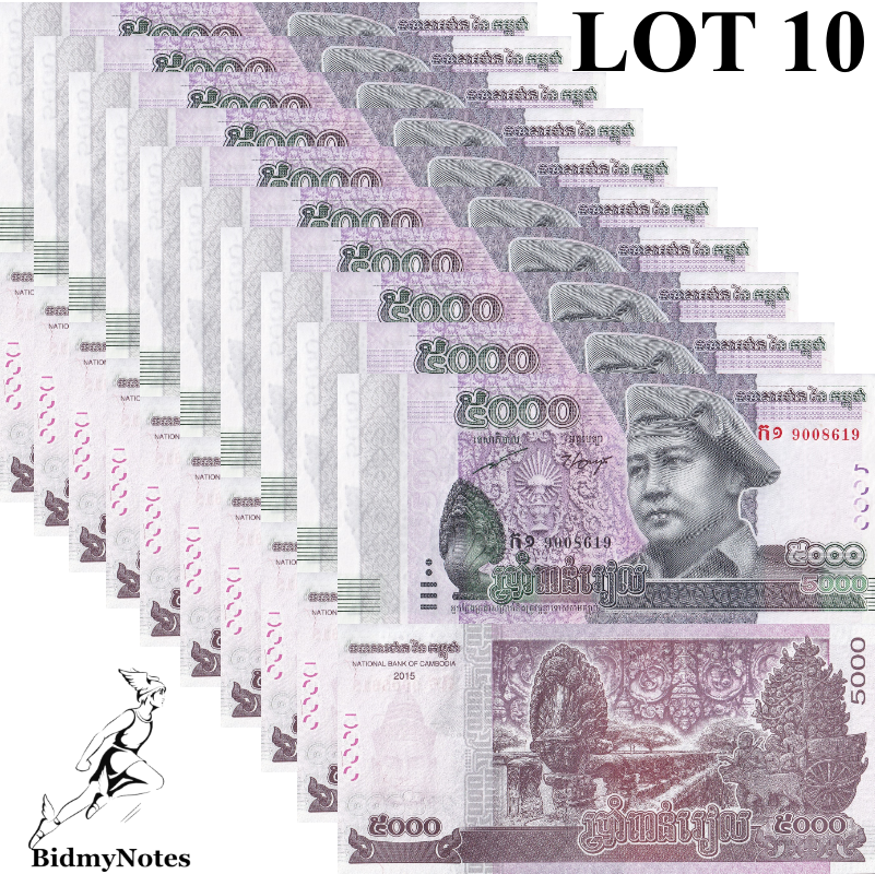 Cambodia 5000 Riels 2015 P 68 UNC 1/10 Bundle LOT 10 pcs