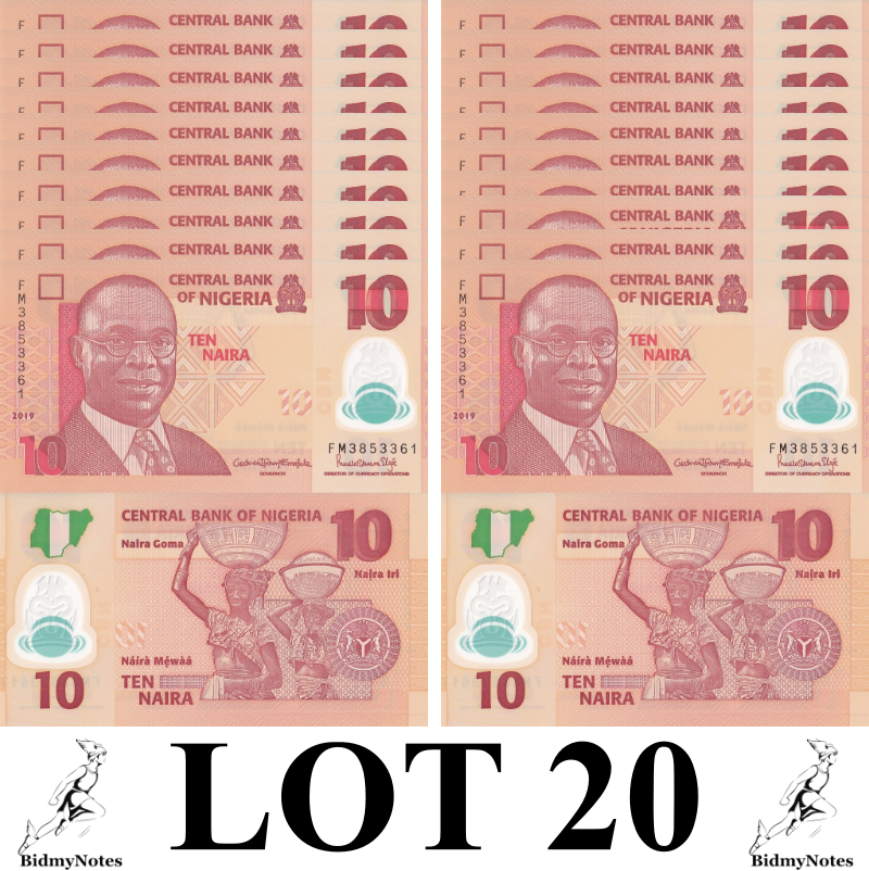 Nigeria 10 Naira 2019 P 39 Polymer UNC 1/5 Bundle LOT 20 pcs