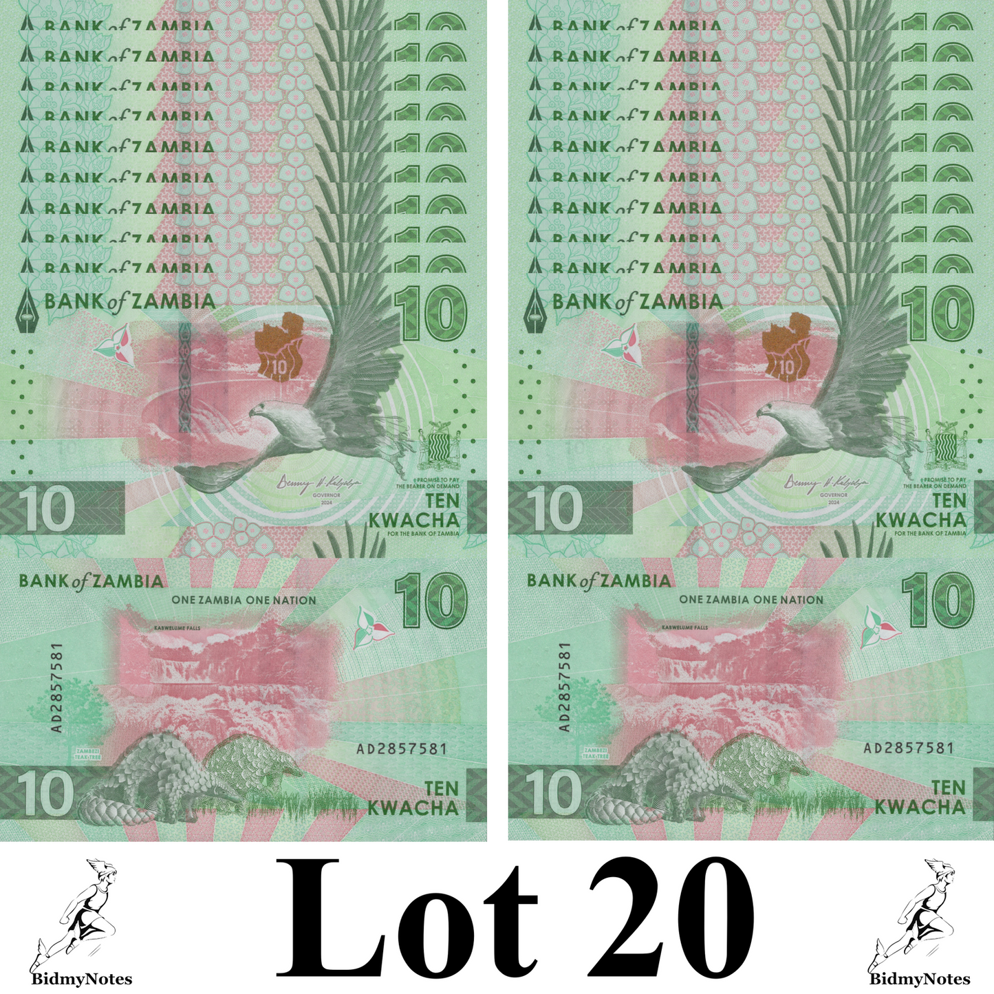 Zambia 10 Kwacha 2024 2025 P New Issue UNC 1/5 Bundle LOT 20 pcs