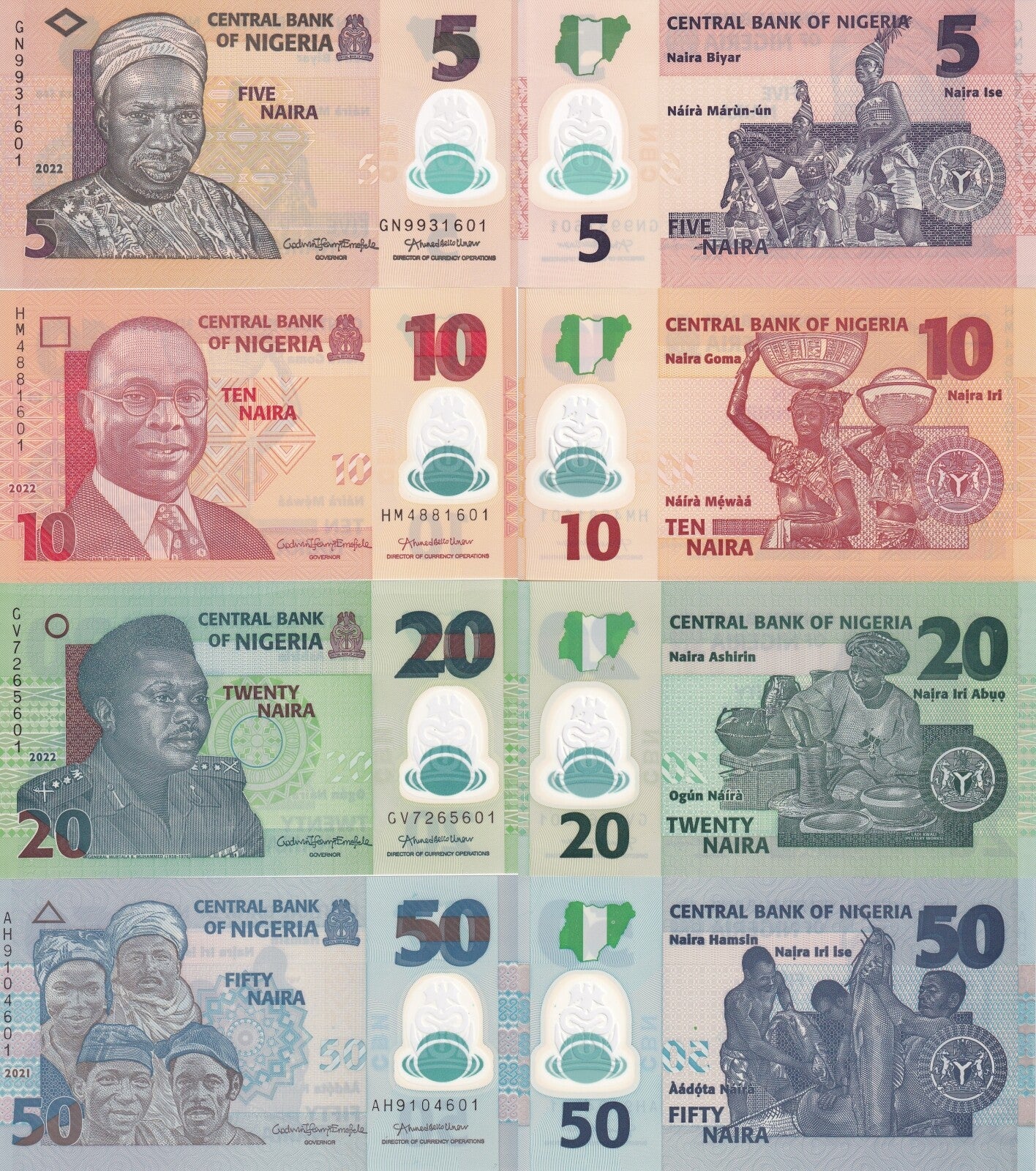 Nigeria 5 10 20 50 Naira 2009-2022 P 38 39 34 40 Polymer UNC Set 4 pcs