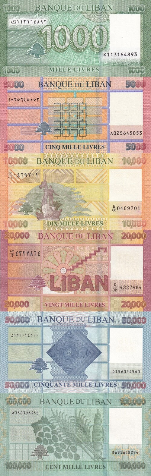 Lebanon 1000-100000 Livres 2016-2022 P 90c(1) 91 92 93 94 95 UNC Set 6 pcs
