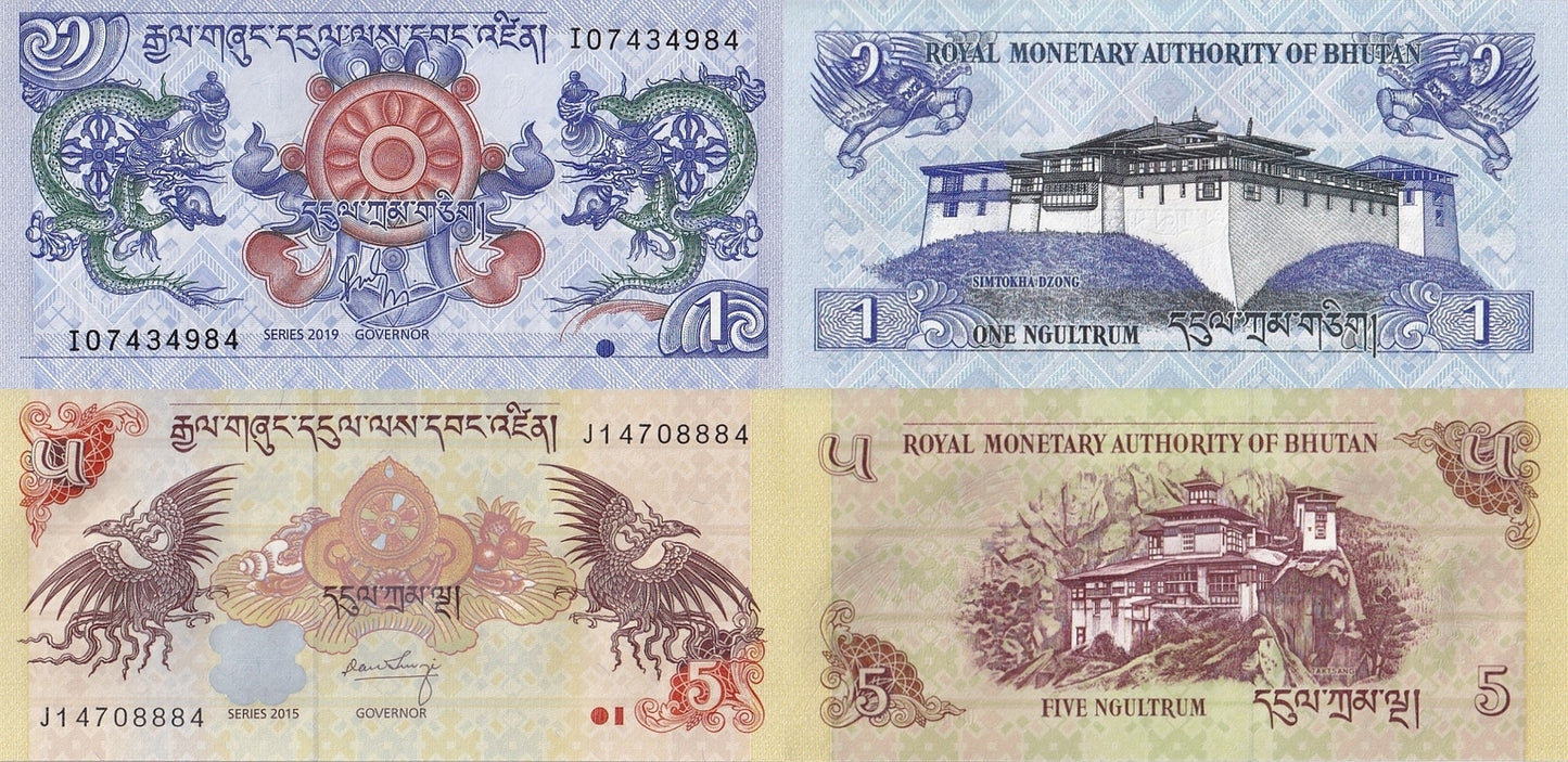 Bhutan 1 5 Ngultrum 2015-2019 P 27 28c UNC Set 2 pcs