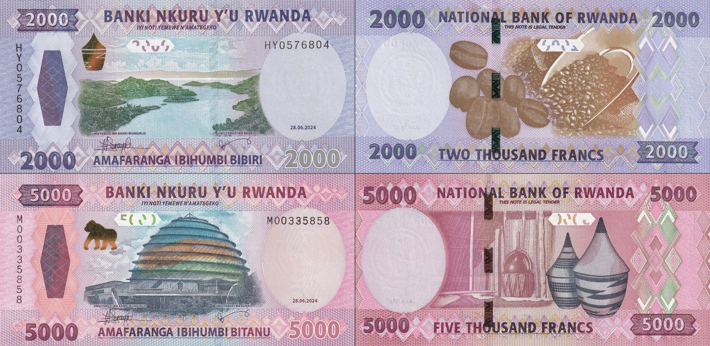 Rwanda 2000 5000 Francs/Amafaranga 2024 P 44 45 New Design UNC Set 2 Lot 3