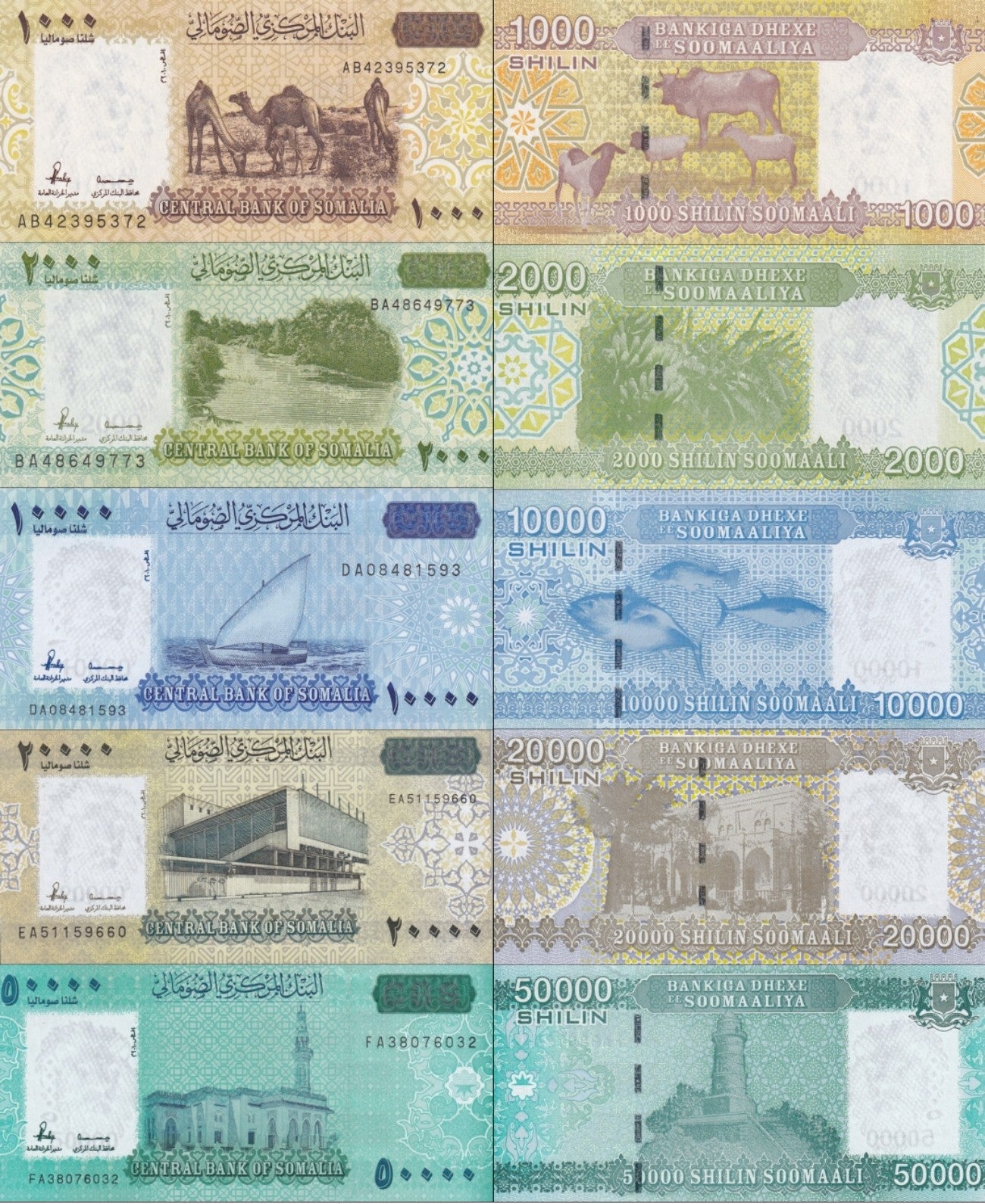 Somalia 1000 2000-50000 Shilin 2010 2023/2024 P 38 39 41 42 43 UNC Set 5 pcs