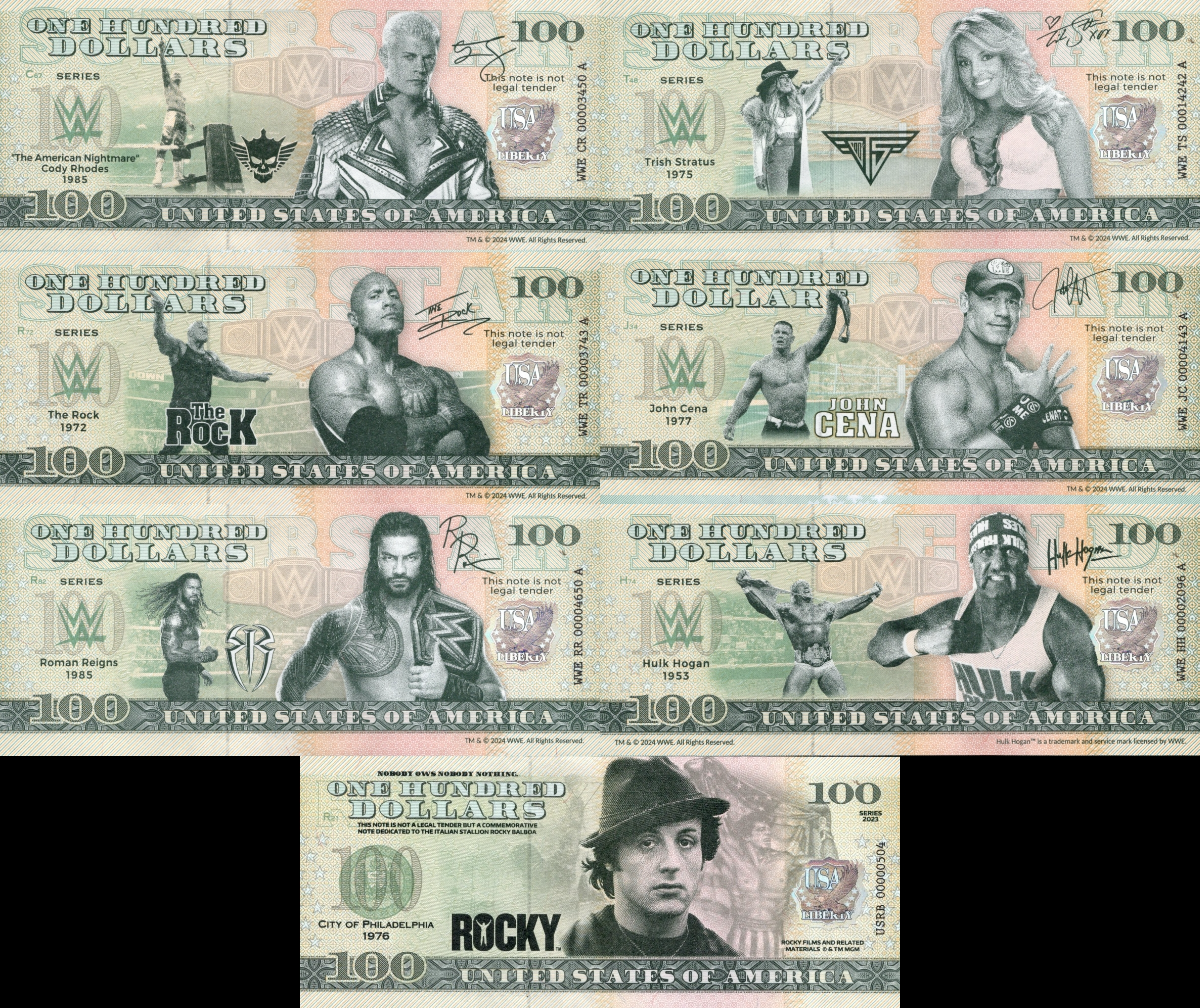 Usa 2024 WWE 100$ TEST NOTE Cody Rhodes Roman Reigns The Rock Cena Hogan Set 7 p