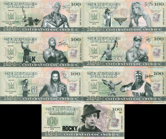 Usa 2024 WWE 100$ TEST NOTE Cody Rhodes Roman Reigns The Rock Cena Hogan Set 7 p
