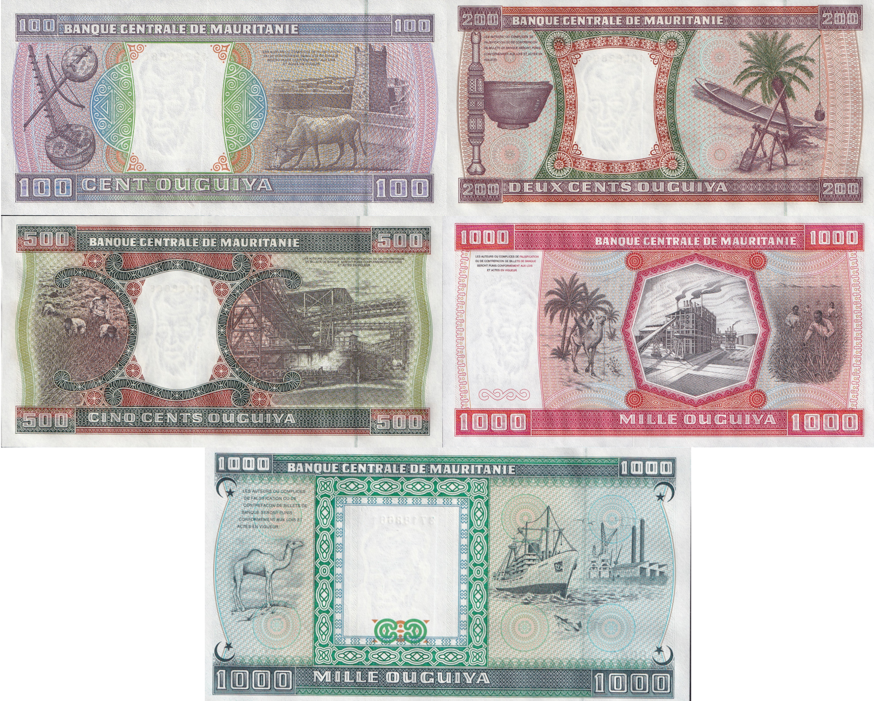 Mauritania 100-1000 Ouguiya 1981-2002 P 3D - P 4k UNC Set 5 pcs