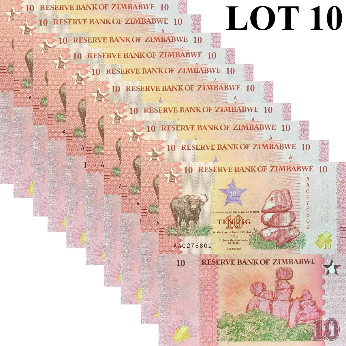 Zimbabwe 10 Zig 2026 P NEW Design UNC 1/10 Bundle Lot 10 pcs