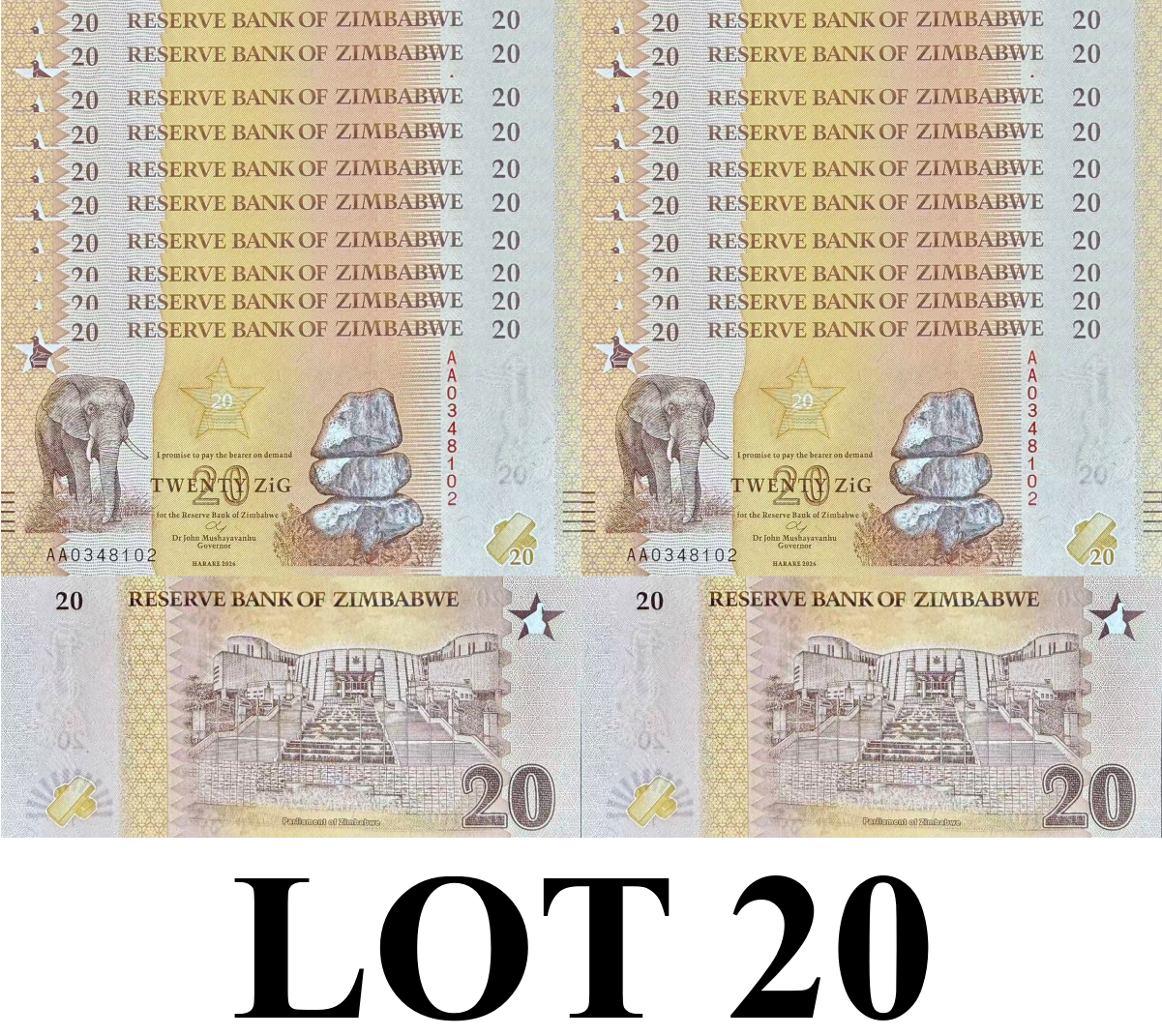 Zimbabwe 20 Zig 2026 P NEW Design UNC 1/5 Bundle Lot 20 pcs