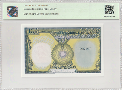 Laos Banque Nationale du Laos 10 Kip 1962 P 10b UNC TQG 67 GEPQ With Hard Case