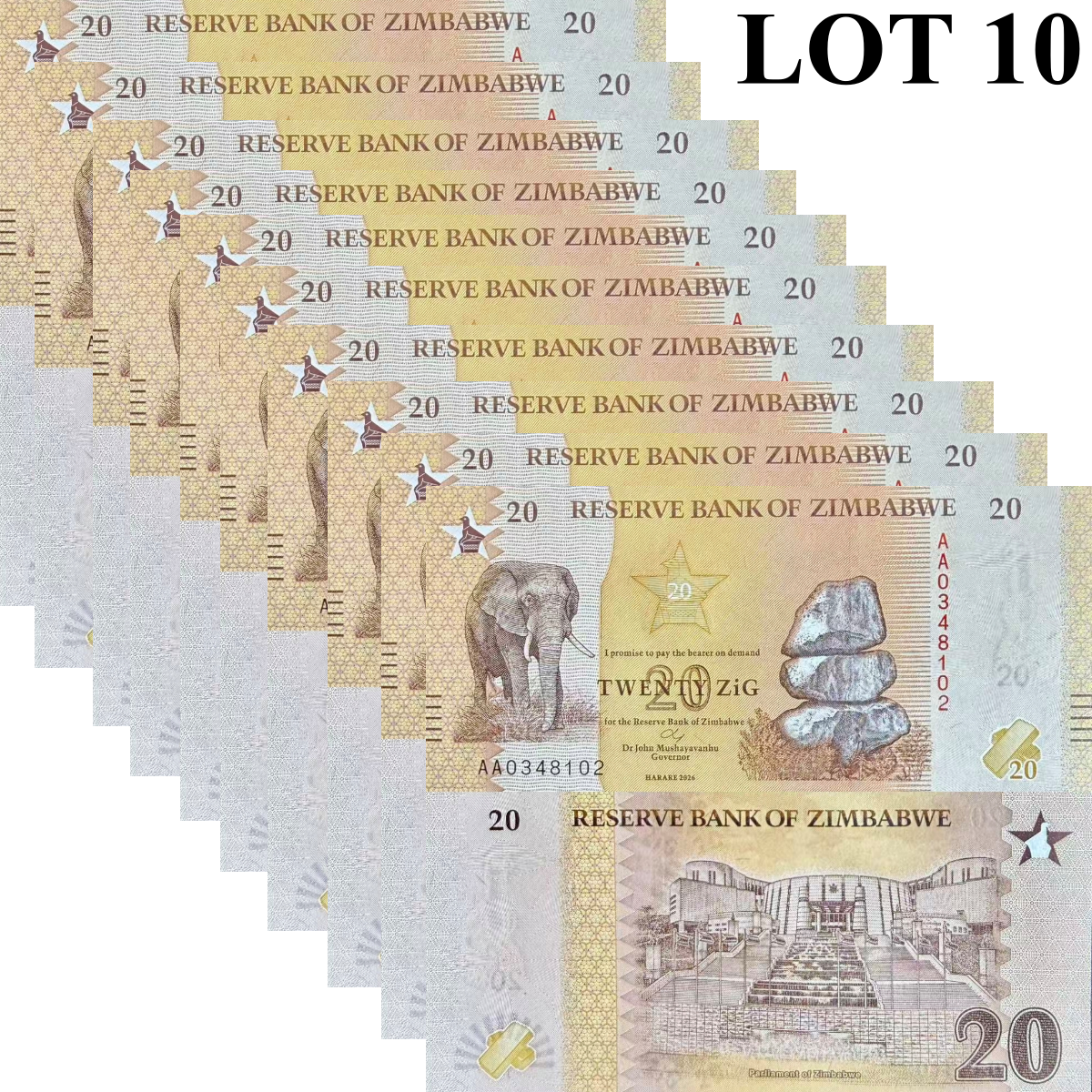 Zimbabwe 20 Zig 2026 P NEW Design UNC 1/10 Bundle Lot 10 pcs
