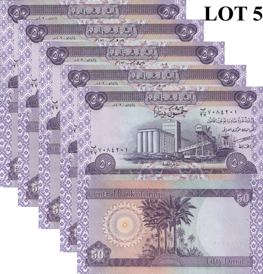 Iraq 50 Dinars 2003 P 90 UNC 1/20 Bundle Lot 5 pcs