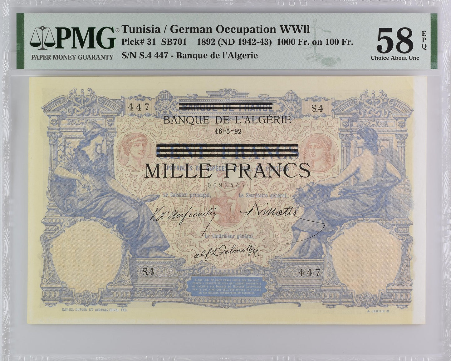 Tunisia German Occupation WWll 1000 Fr. on 100 Fr. ND 1942-43 P 31 AU PMG 58 EPQ