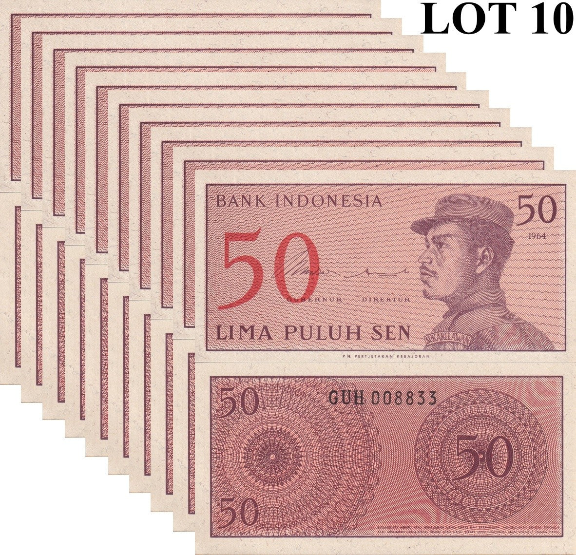 Indonesia 50 Sen 1964 P 94 UNC 1/10 Bundle LOT 10 pcs