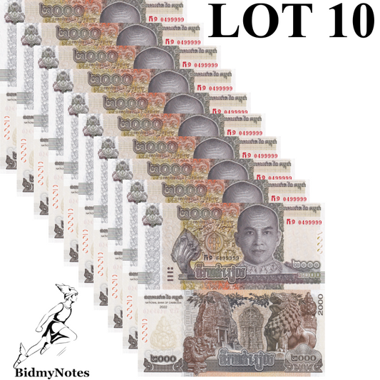 Cambodia 2000 Riels 2022 P 67A UNC 1/10 Bundle LOT 10 pcs