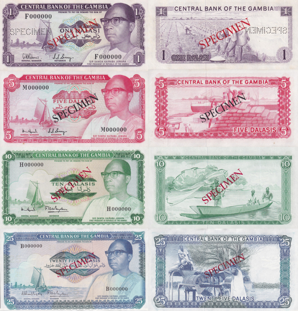 Gambia 1 5 10 25 Dalasis ND 1972-1990 P 4d 5c 6c 11a UNC SPECIMEN Set 4 pcs
