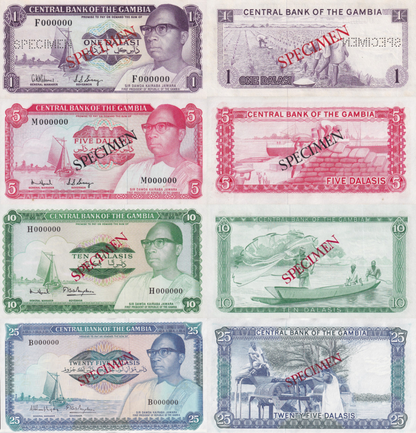 Gambia 1 5 10 25 Dalasis ND 1972-1990 P 4d 5c 6c 11a UNC SPECIMEN Set 4 pcs