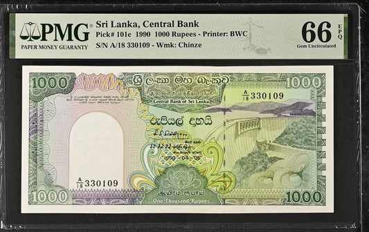 Sri Lanka Central Bank 1000 Rupees 1990 P 101c UNC PMG 66 EPQ 3rd TOP POP