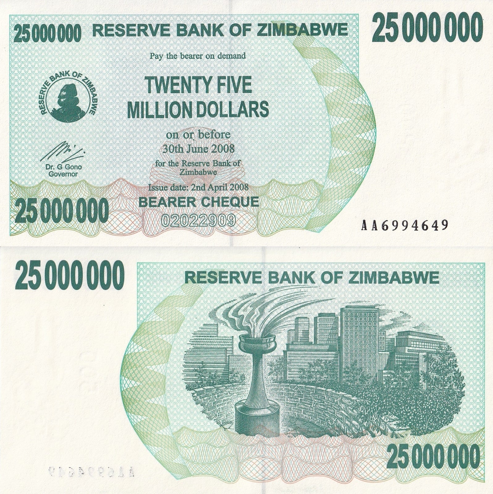 Zimbabwe 25000000 Dollars  2008 P 56 UNC