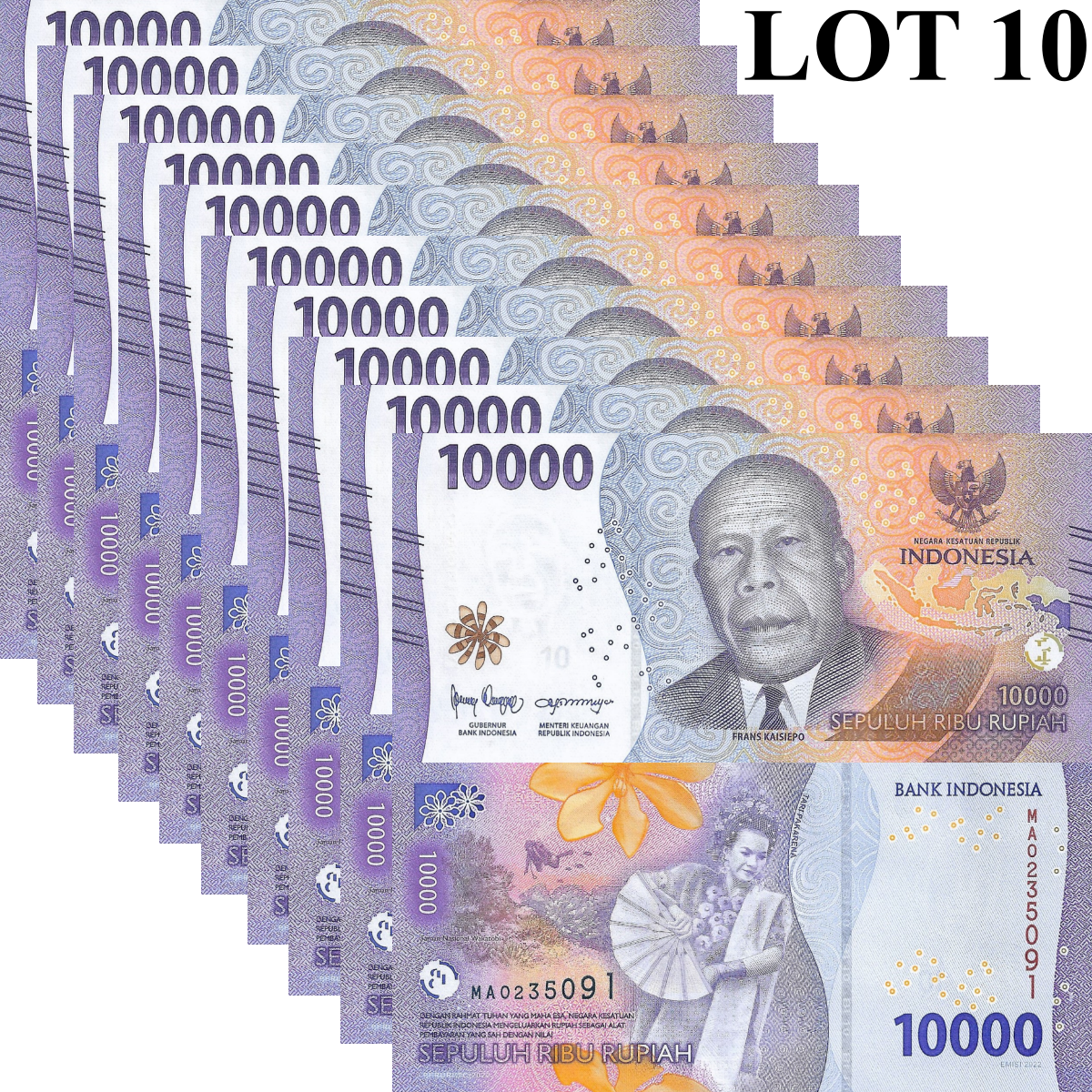 Indonesia 10000 Rupiah 2022 P 165 UNC 1/10 Bundle Lot 10 pcs