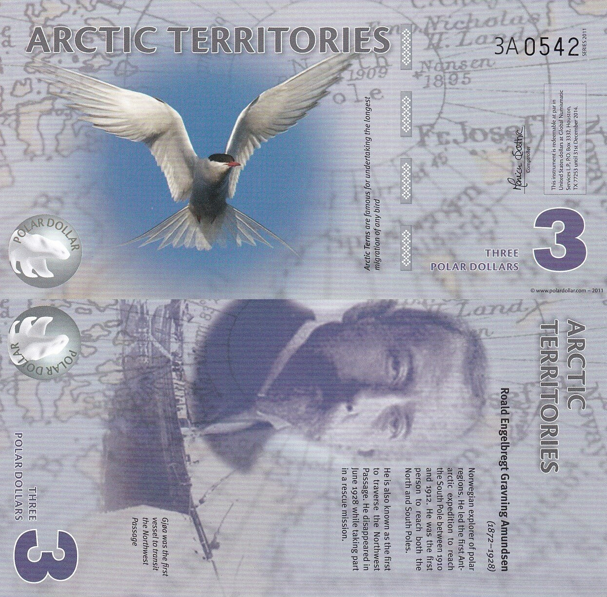 Arctic Territories 3 Dollars 2011 Polymer Series 3A Polar Bird UNC