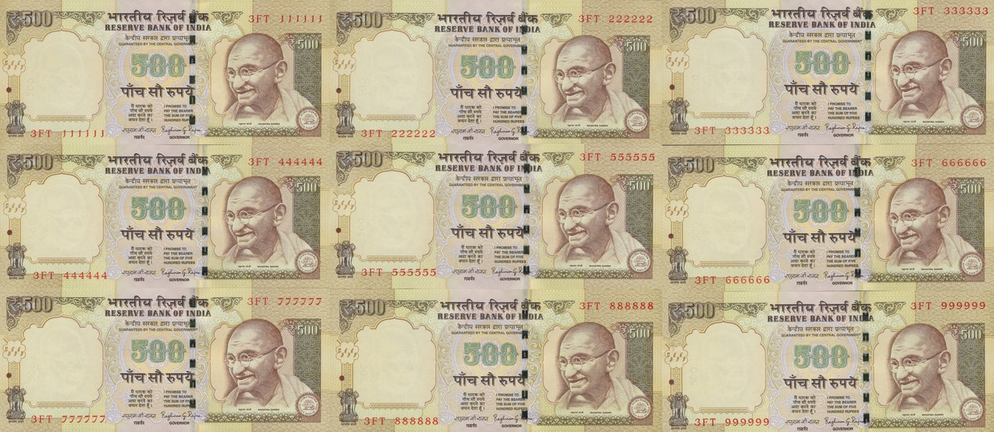 India 500 Rupees 2014 P 106 UNC Set 9 pcs MINOR FOXING SOLID 111111 - 999999