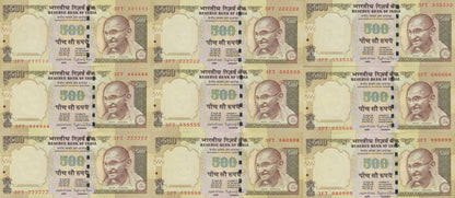 India 500 Rupees 2014 P 106 UNC Set 9 pcs MINOR FOXING SOLID 111111 - 999999