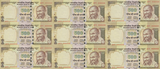 India 500 Rupees 2014 P 106 UNC Set 9 pcs MINOR FOXING SOLID 111111 - 999999