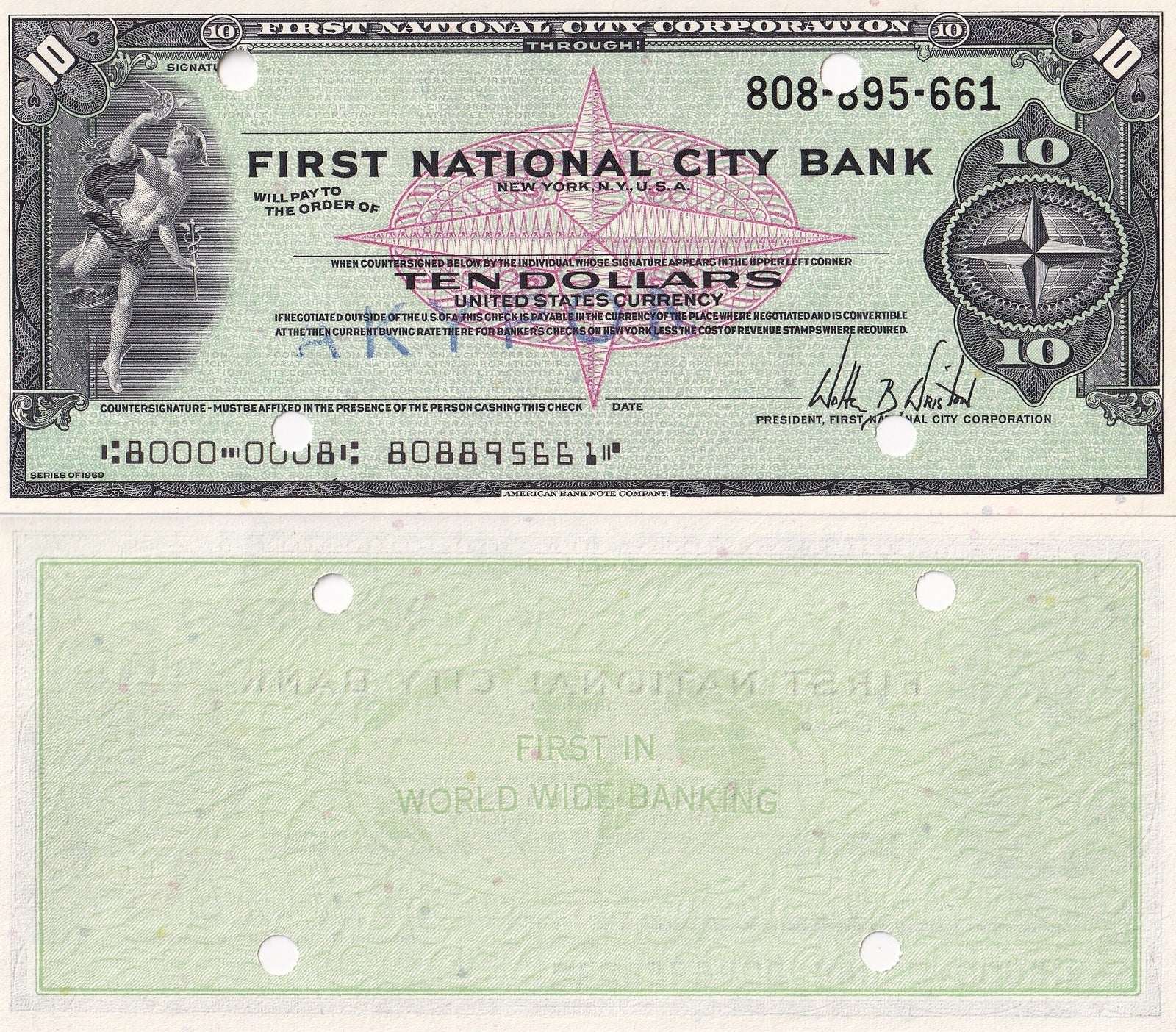 USA 10 Dollars 1969 First National City Corp. Bank Cheque UNC