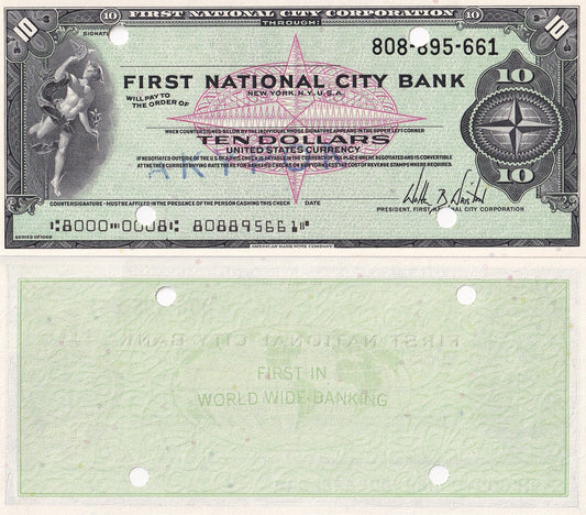USA 10 Dollars 1969 First National City Corp. Bank Cheque UNC