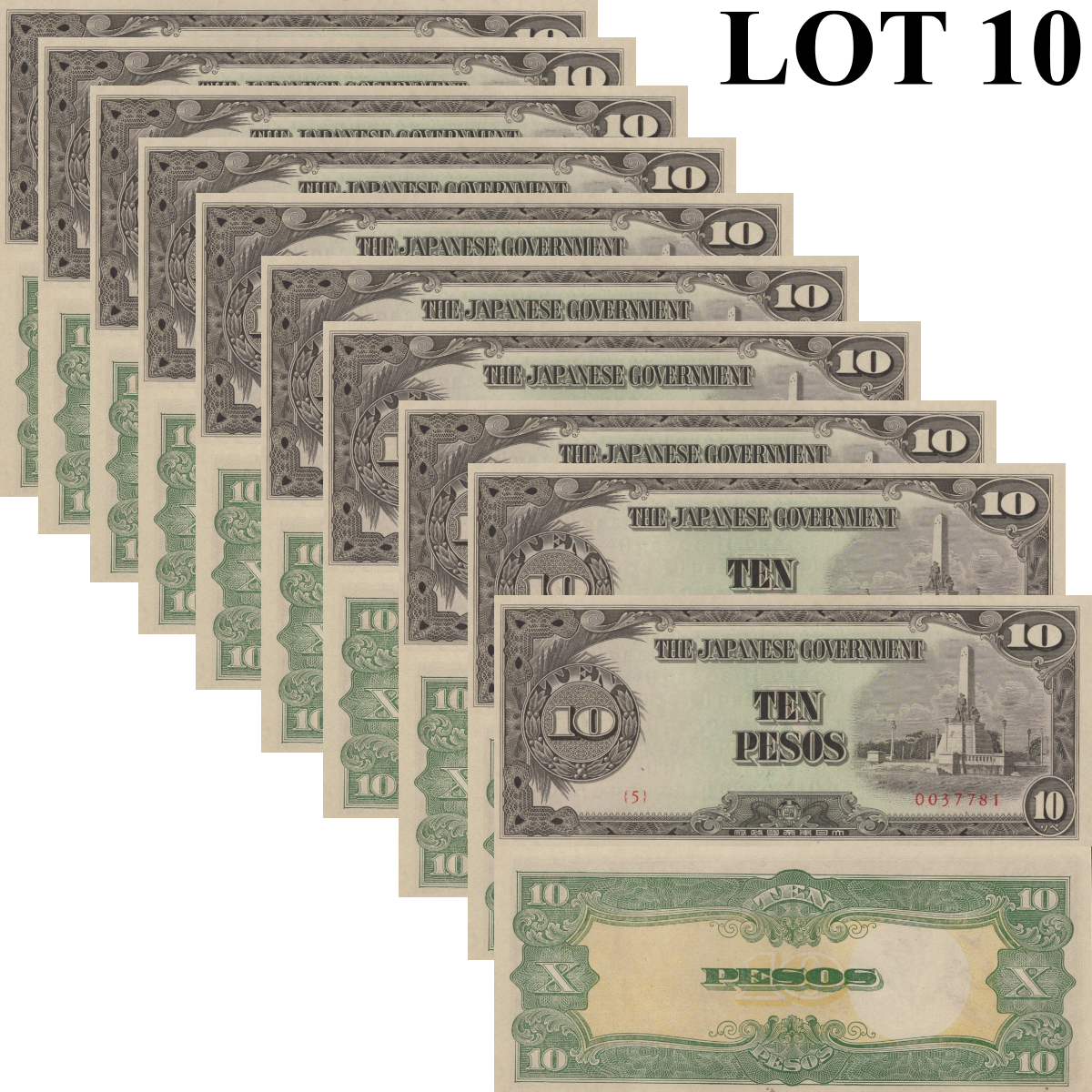 Philippines 10 Pesos ND (1943) P 111 UNC 1/10 Bundle Lot 10 pcs