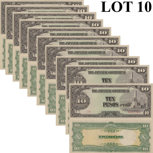 Philippines 10 Pesos ND (1943) P 111 UNC 1/10 Bundle Lot 10 pcs