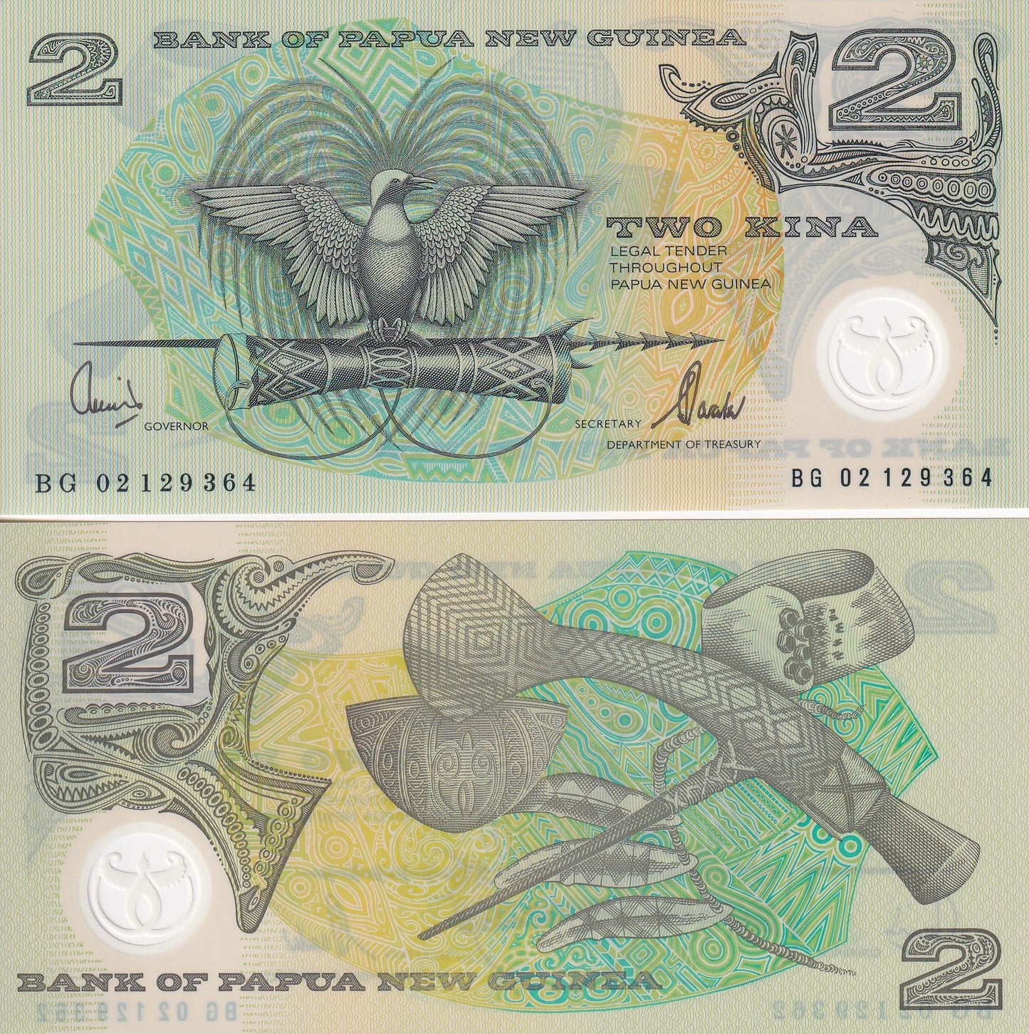 PNG Papua New Guinea 2 Kina 2002 P 16d UNC Polymer sign Kamit & Tarata
