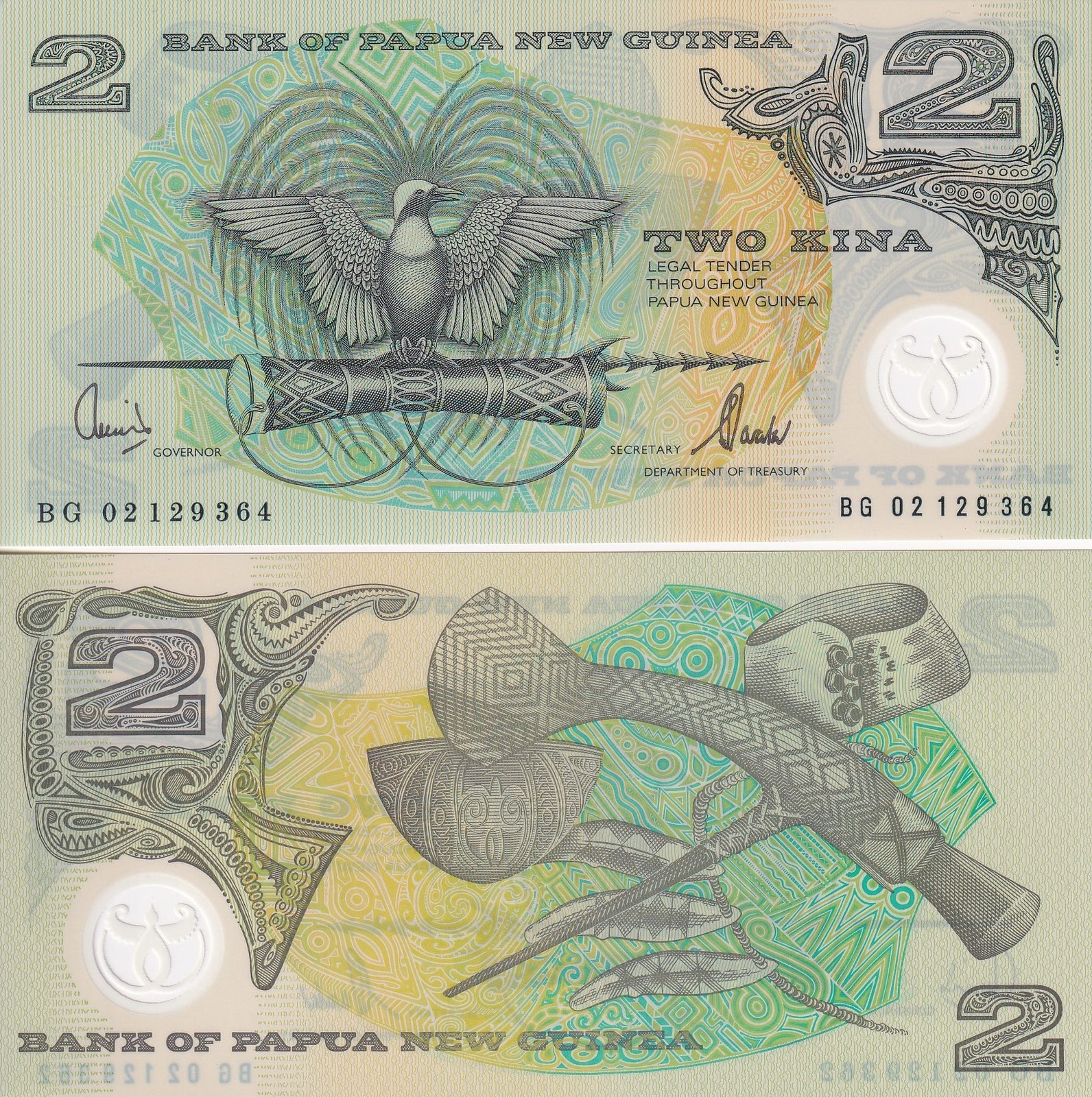 PNG Papua New Guinea 2 Kina 2002 P 16d UNC Polymer sign Kamit & Tarata