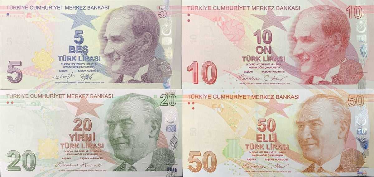 Turkey 5 10 20 50 Turk Lirasi 2009-2025 P 222 223 224 225 New Date UNC Set 4 pcs