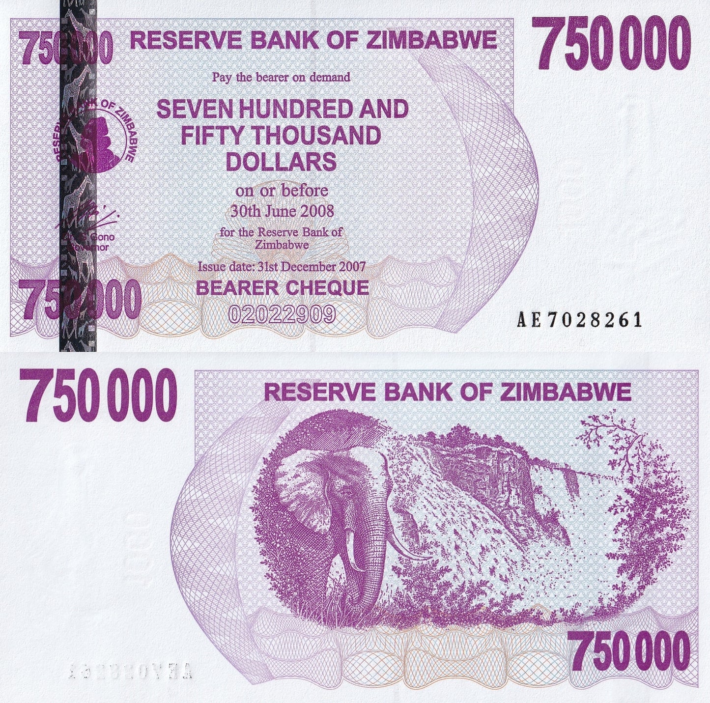 Zimbabwe 750000 Dollars 2007/2008 P 52 UNC