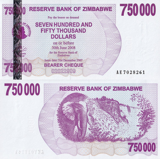 Zimbabwe 750000 Dollars 2007/2008 P 52 UNC