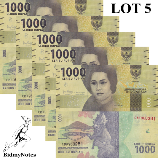 Indonesia 1000 Rupiah 2016/2019 P 154 UNC 1/20 Bundle LOT 5 pcs