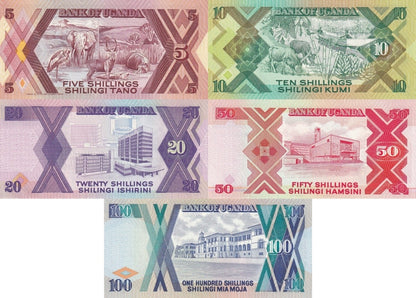 Uganda 5 10 20 50 100 Shillings 1987-1998 P 27 28 29b 30c 31c UNC Set 5 pcs