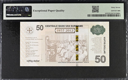 Suriname Commemorative 50 Dollars 2012 P 167 UNC PMG 67 EPQ With Folder