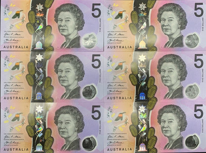 Australia 5 Dollars 2016 P 62 Polymer UNC Set 6 pcs Matching S/N