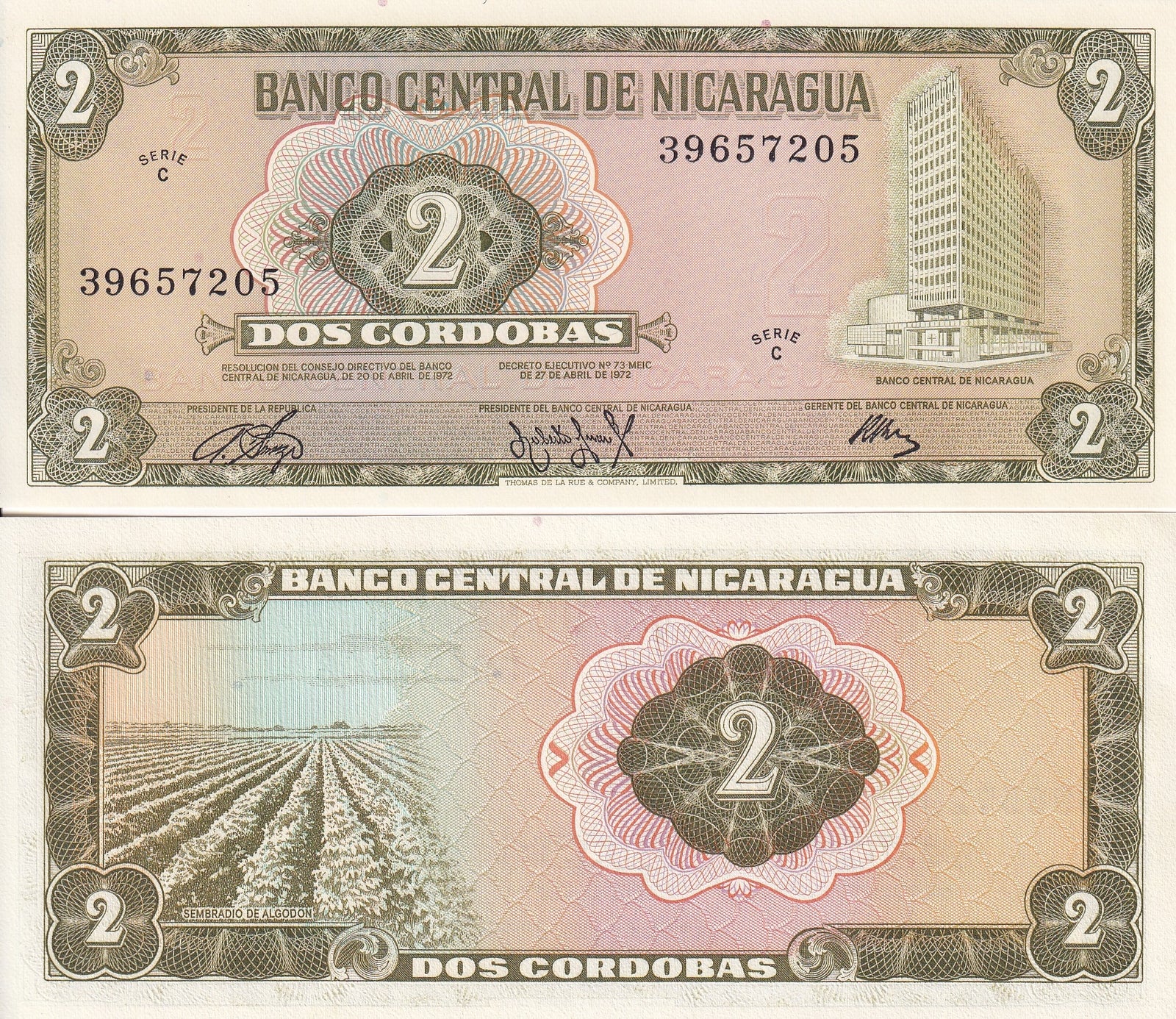 Nicaragua 2 Cordobas 1972 P 121 C-Serie UNC