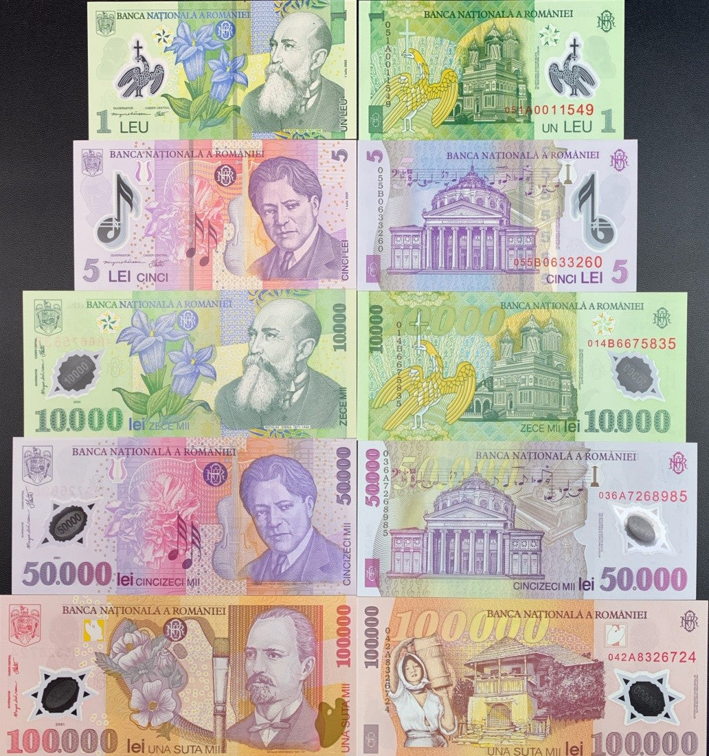 Romania 1 5-100000 Lei 2001-2005 P 117a 118a 112b-114a Polymer UNC Set 5 pcs