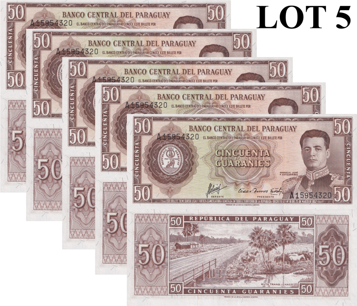 Paraguay 50 Guaraníes 1952 P 197 UNC 1/20 Bundle Lot 5 pcs