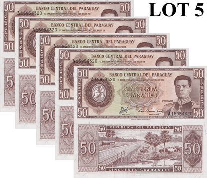 Paraguay 50 Guaraníes 1952 P 197 UNC 1/20 Bundle Lot 5 pcs