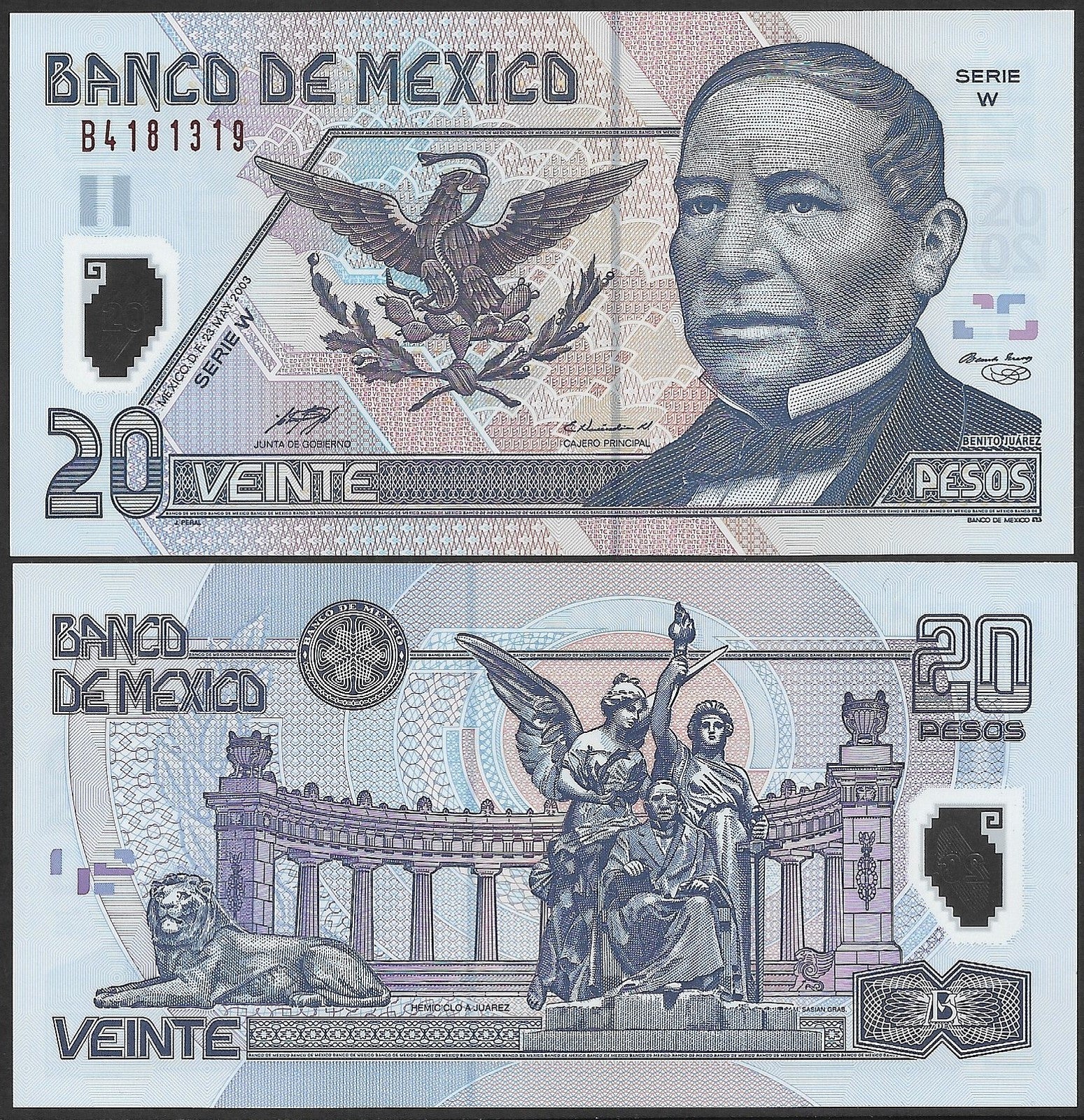 Mexico 20 Pesos 2003 P 116d Polymer W Serie UNC