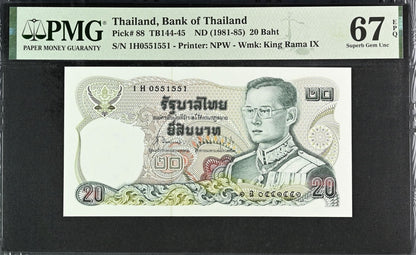 Thailand 20 Baht ND 1981-85 P 88 UNC PMG 67 EPQ Repeater No. 551551 3rd TOP POP
