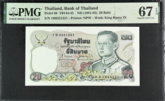 Thailand 20 Baht ND 1981-85 P 88 UNC PMG 67 EPQ Repeater No. 551551 3rd TOP POP